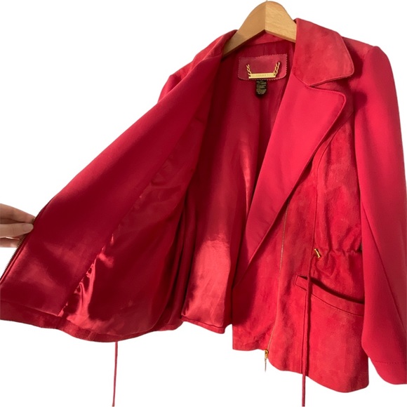 IMAN Genuinely suede leather jacket in red with adjustable waist ties size M - Picture 9 of 10